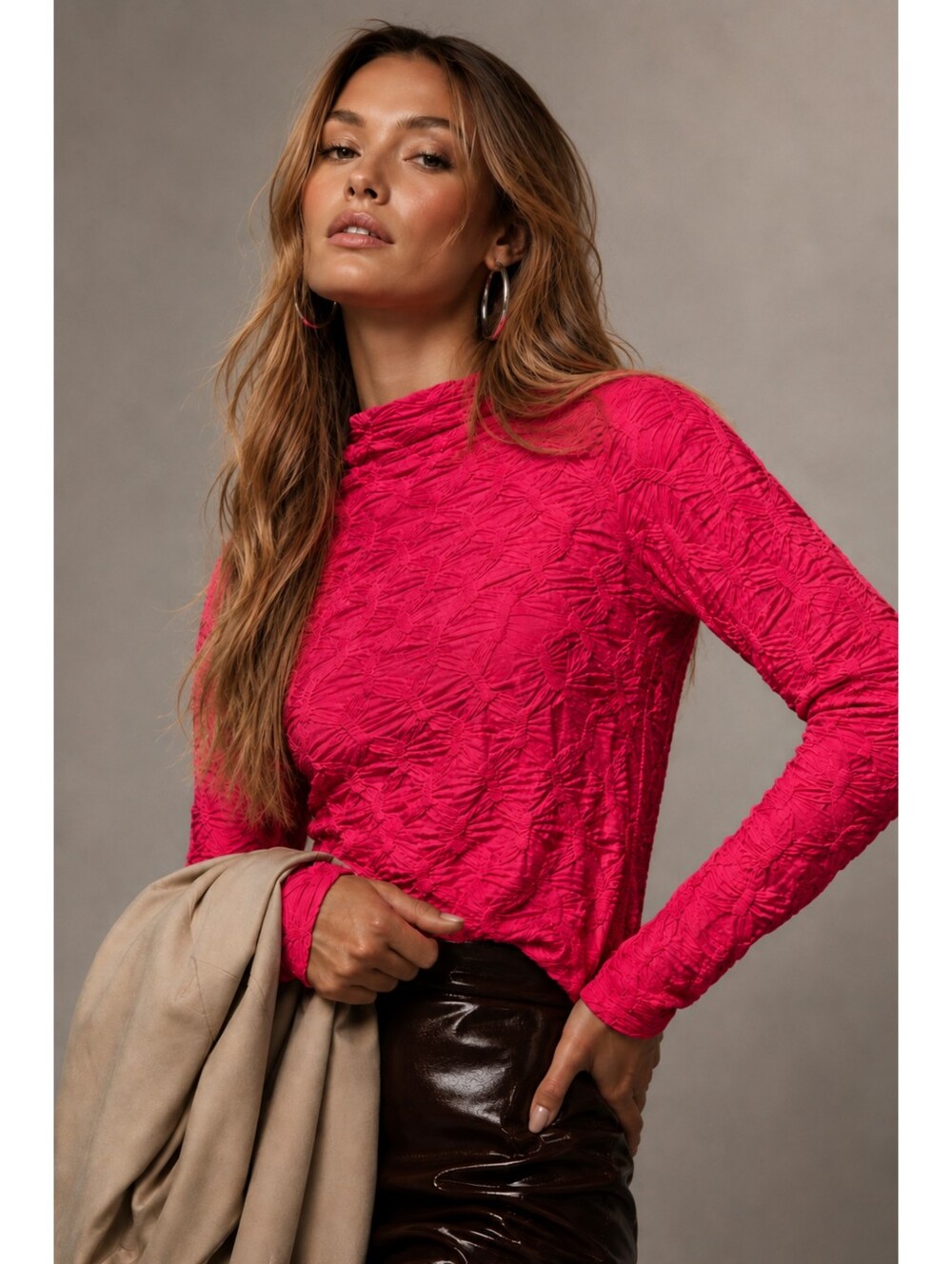 Anthropologie Maeve Hot Pink Textured Mock Neck Long Sleeve Top XS NWT